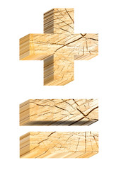 Signs from pine wood alphabet set isolated over white. Computer generated 3D photo rendering.