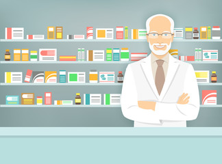 Flat style aged pharmacist at pharmacy opposite shelves of medicines