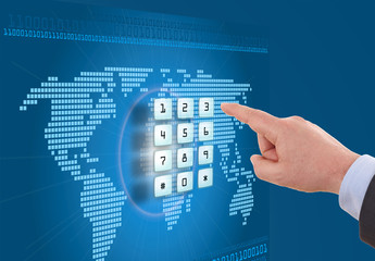 Hand pushing touch screen button with blue background with map - 92530128