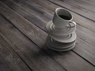 Fototapeta na wymiar Falling on wooden board cup of coffee and saucer