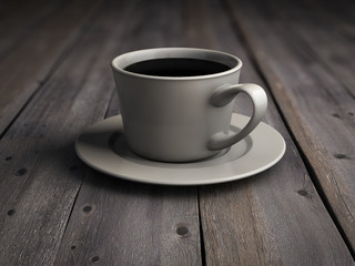 Cup of coffee on the old wooden boards
