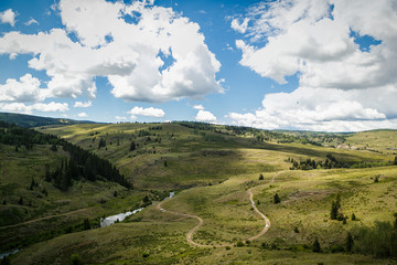 Fototapeta premium View of Southern Colorado with Winding Dirt Road and Poofy White