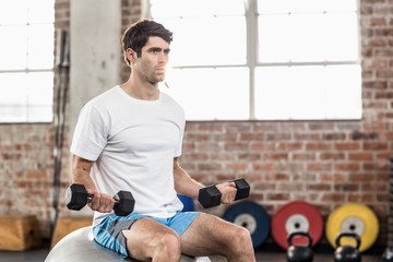 Man sitting on a bossu lifting dumbbells