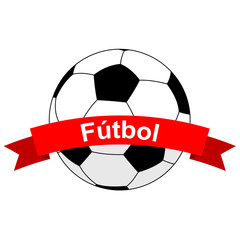 Icono plano cinta texto Futbol con balon color rojo