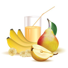 glass with juice and straw, bananas and slice of banana, pear with leaf and half of pear on a white background