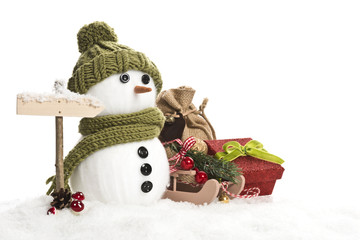 Schneemann mit Wegweiser zum Nordpol