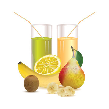 two glasses with juice and straw, ripe pear, kiwi and slice of lemon, banana and slice of banana on a white background