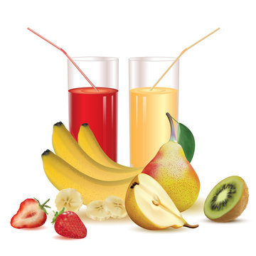 two glasses with juice and straw, kiwi, bananas and slice of banana, pear with leaf and half of pear, ripe strawberry and slice of strawberry on a white background