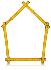 House - Wooden Folding Ruler / Wooden yellow meter in the shape of house with reflections, isolated on white background. Design house concept
