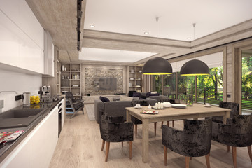 3D rendering of  living room of a country house