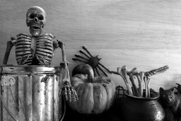 spooky halloween on wooden backdrop black and white