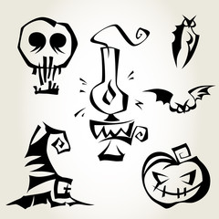 Set of Halloween symbols isolated over white background. Magical symbols for Halloween celebration. Pumpkin, bats, lantern, witch hat and a skull.