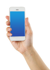 Hand holding smart phone with blue screen, isolated on white