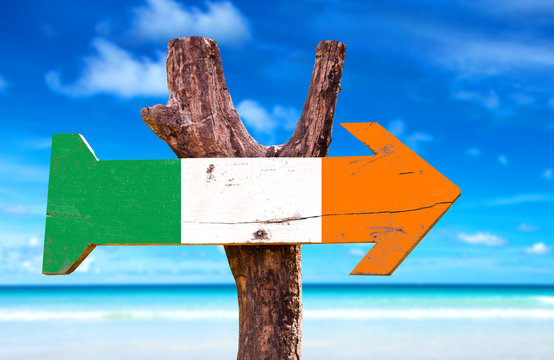 Ireland flag wooden sign with ocean background