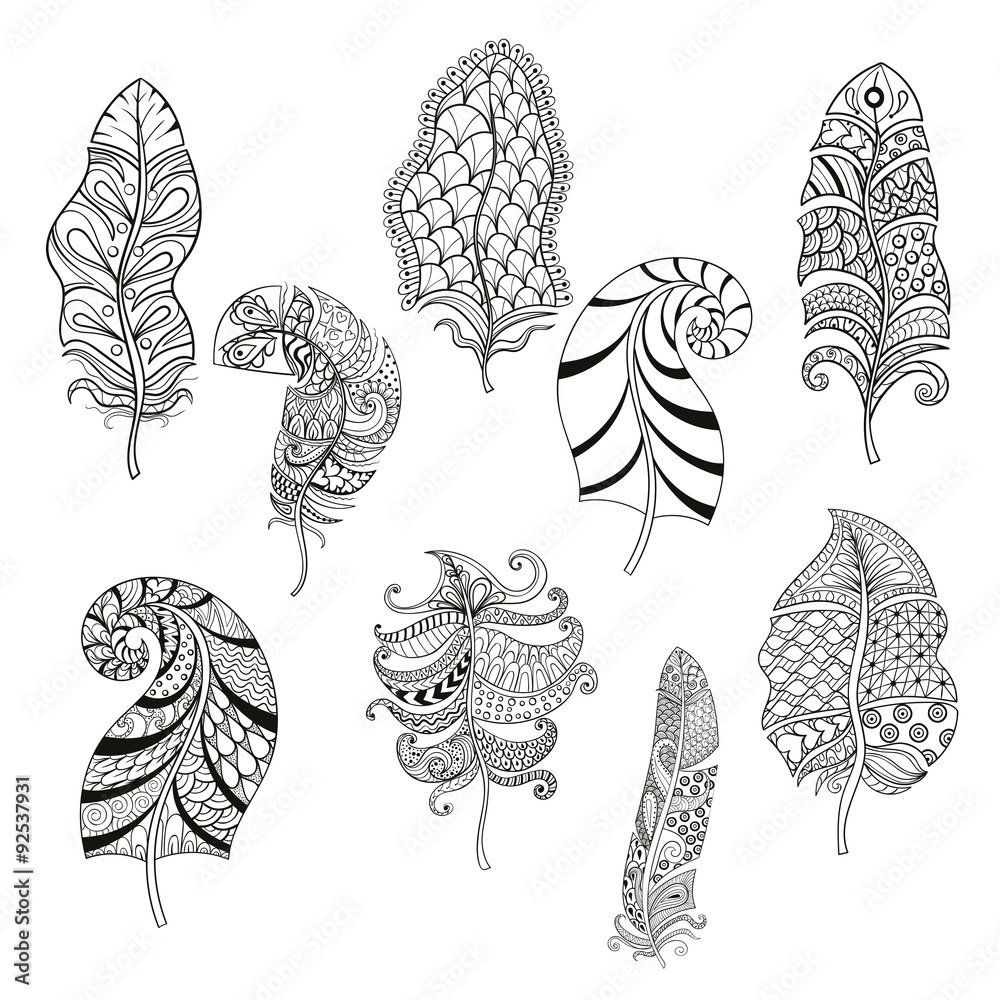 Wall mural Zentangle stylized nine feathers for coloring page. Hand drawn v