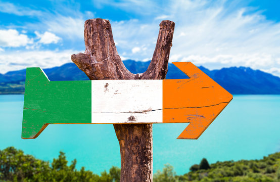 Ireland flag wooden sign with lake background