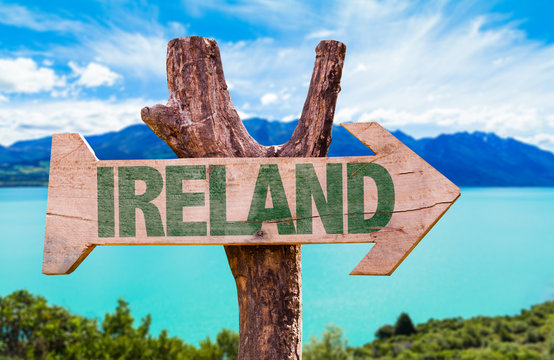 Ireland wooden sign with lake background