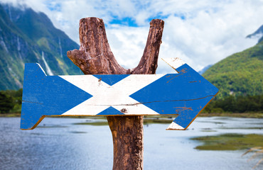 Scotland flag wooden sign with landscape background