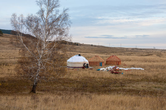 Kazakh yourt in autumn steppe.