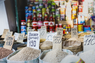 Beautiful vivid oriental market with bags full of various spices