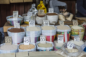 Beautiful vivid oriental market with bags full of various spices