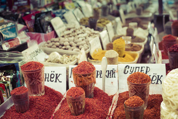 Beautiful vivid oriental market with bags full of various spices