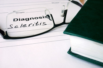 Diagnosis list with Scleritis and glasses. Eye disorder concept.