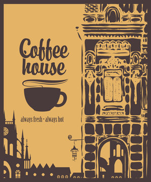 Cover menu for coffee house with a picture of the old town