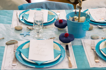 Déco de table mariage, bleu, turquoise