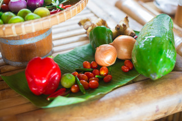 fresh vegetables on the bamboo leaf