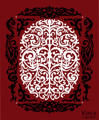 Black and white ancient vintage ornament on red background with optical illusion effect. Vector illustration