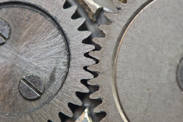 Metal Cogwheels in Old Clockwork, Macro.