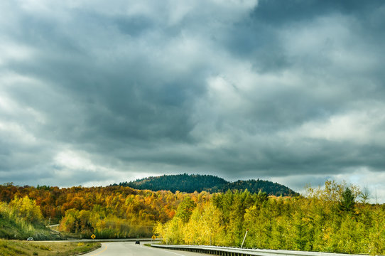 Autumnal Colorful Endless Road, Laurentians, Quebec, Canada