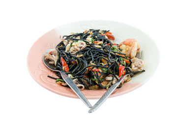 Black spaghetti with seafood