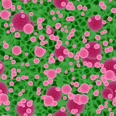 Bright pink bacterias or virus spheres in neon green liquid or blood