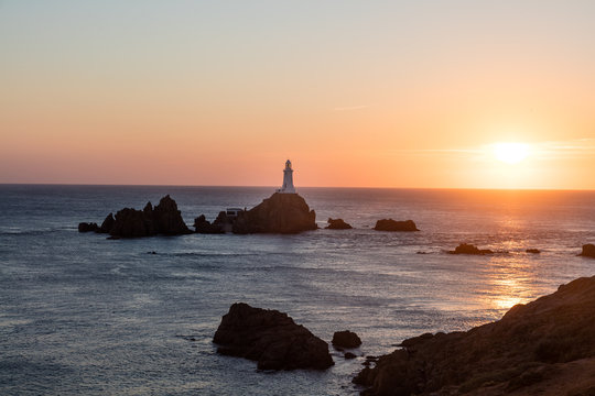 Corbi&egrave;re Lighthouse at sunset, Jersey, British Isles