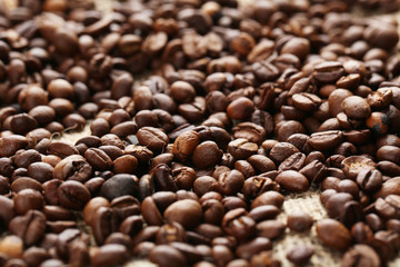 Roasted coffee beans on a sack, close up
