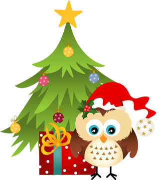 Owl with Christmas tree and gift