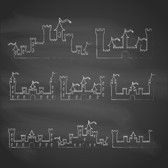 Set of Fantasy castles chalk silhouettes for design. Isolated on grey  background. Vector