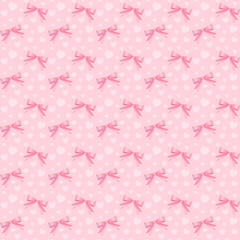 姫系リボンとハート　シームレスパターン　ピンク