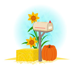 Mailbox And Haystack - Autumn clip-art of a mailbox, haystack, pumpkin and flowers. Eps10