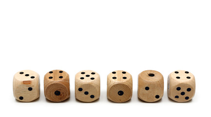 Wooden Dice on a White Background
