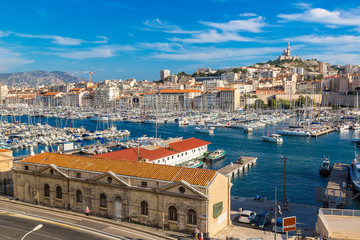 Notre Dame de la Garde and olf port in Marseille, France