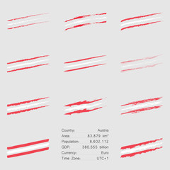 Austria flag colored hand drawn lines set with different looks like brush, chalk, ink, paint and main informations about the european country. 