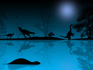 Dinosaurs silhouettes in beautiful landscape