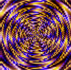 Abstract gold, blue and purple pattern of intertwining concentric circles creating an illusion of movement