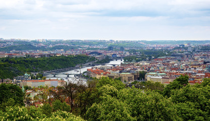 Panorama of Prague old town with the bridges over the river Vltava, Czech Republic