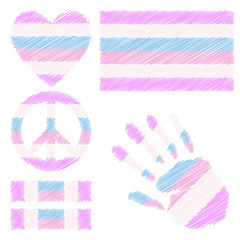 Genderfluidpride flag, heart, pacific sign, equality symbol and hand print for you design. Collection of gay culture symbols. 