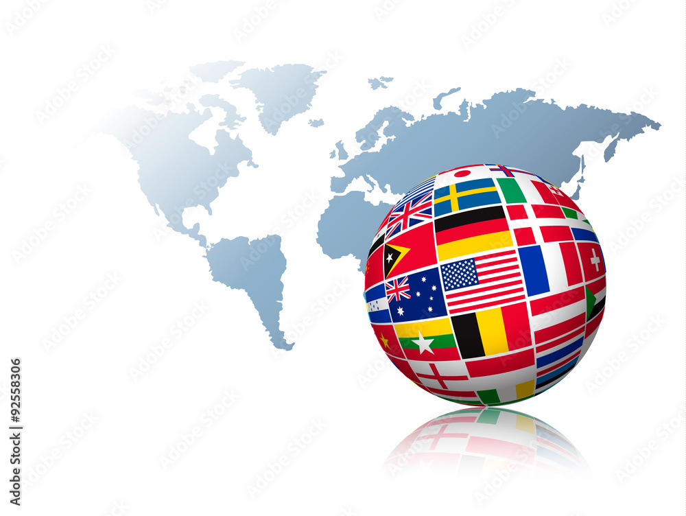 Wall mural globe made out of flags on a world map background. vector.