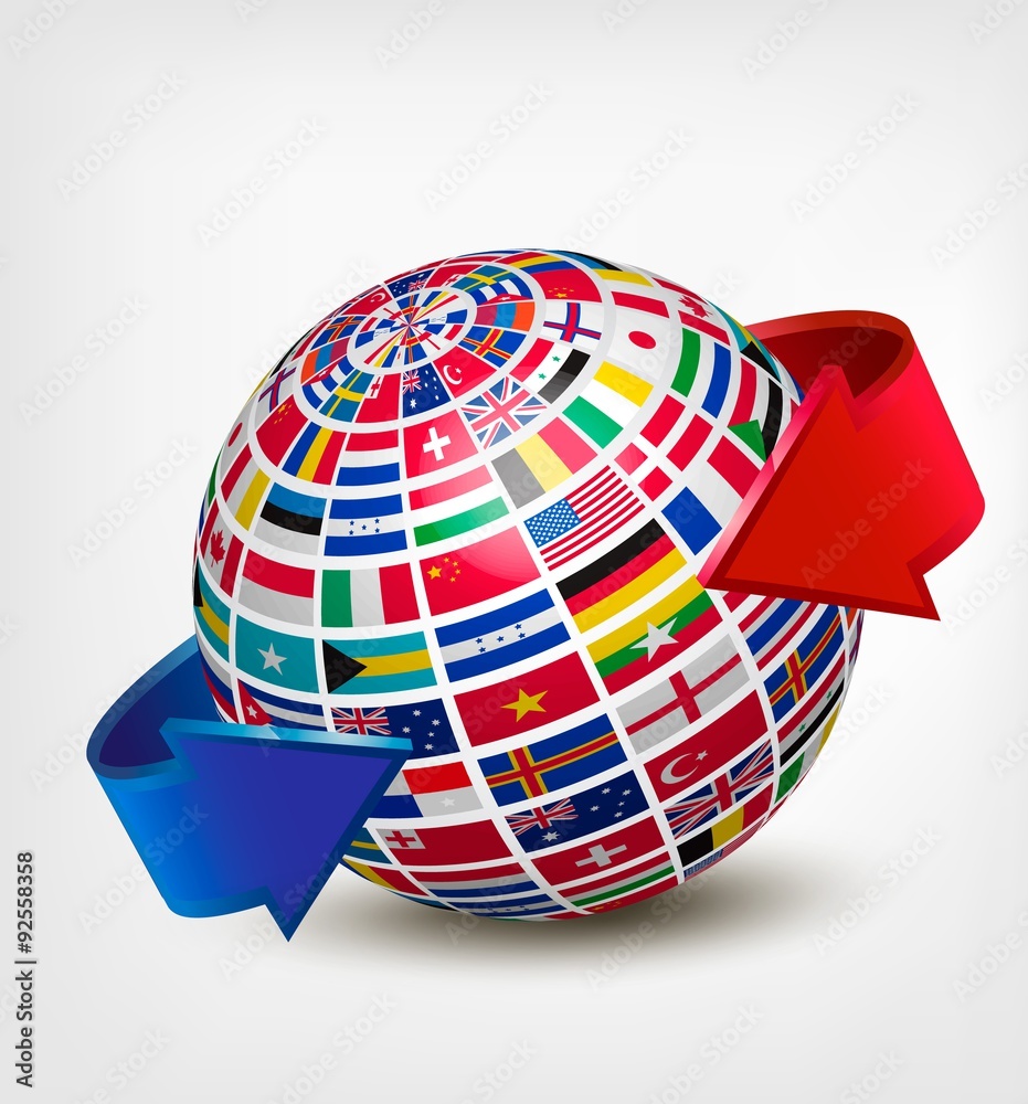 Wall mural globe made out of flags with two arrows. vector.